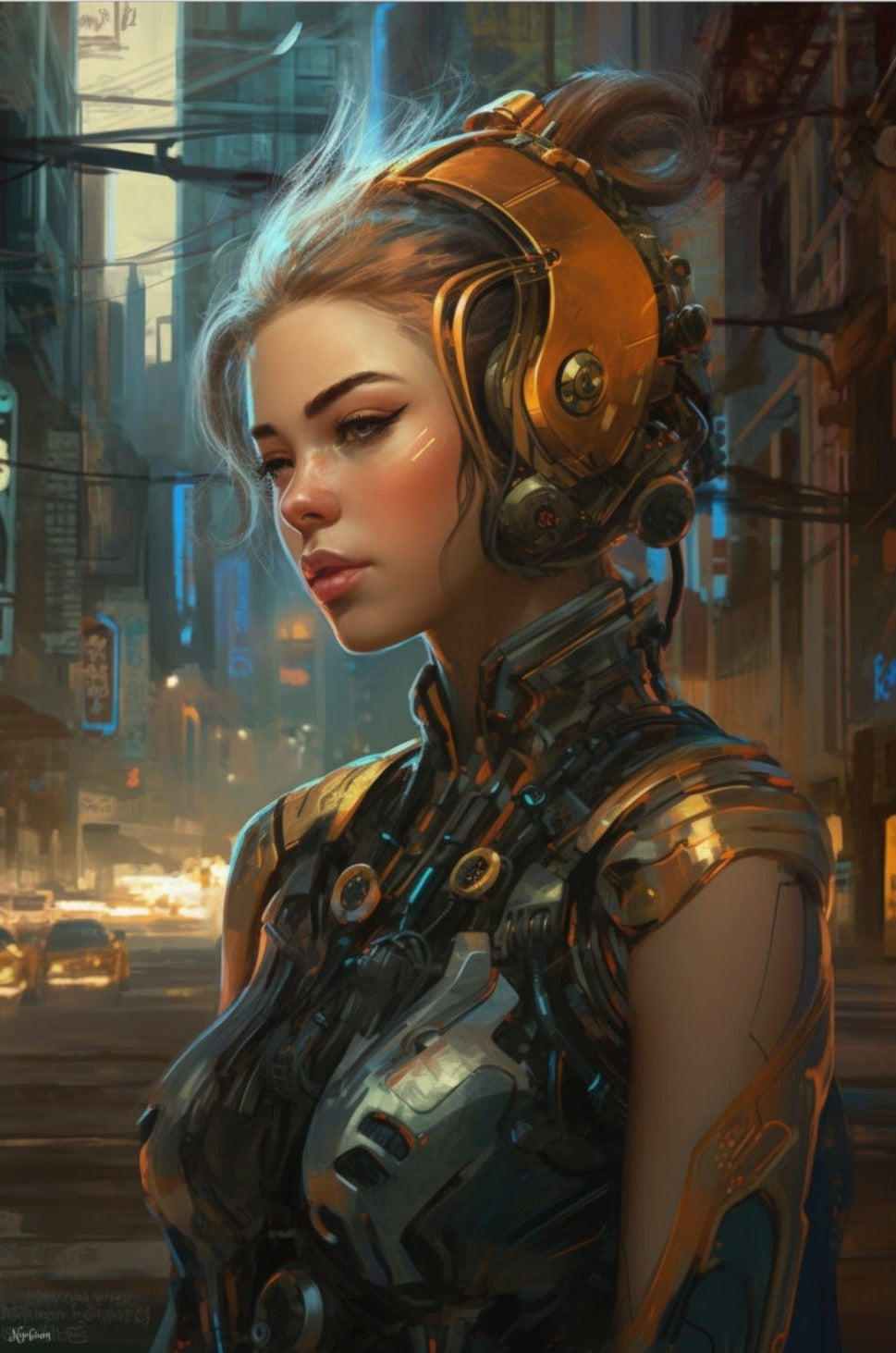 Cyborg Blonde Girl in New Tokyo 5- Cyberpunk Scifi Poster - Portrait - 12x18, 20x30, 24x36 - Museum Grade Matte Paper - by Nyobium