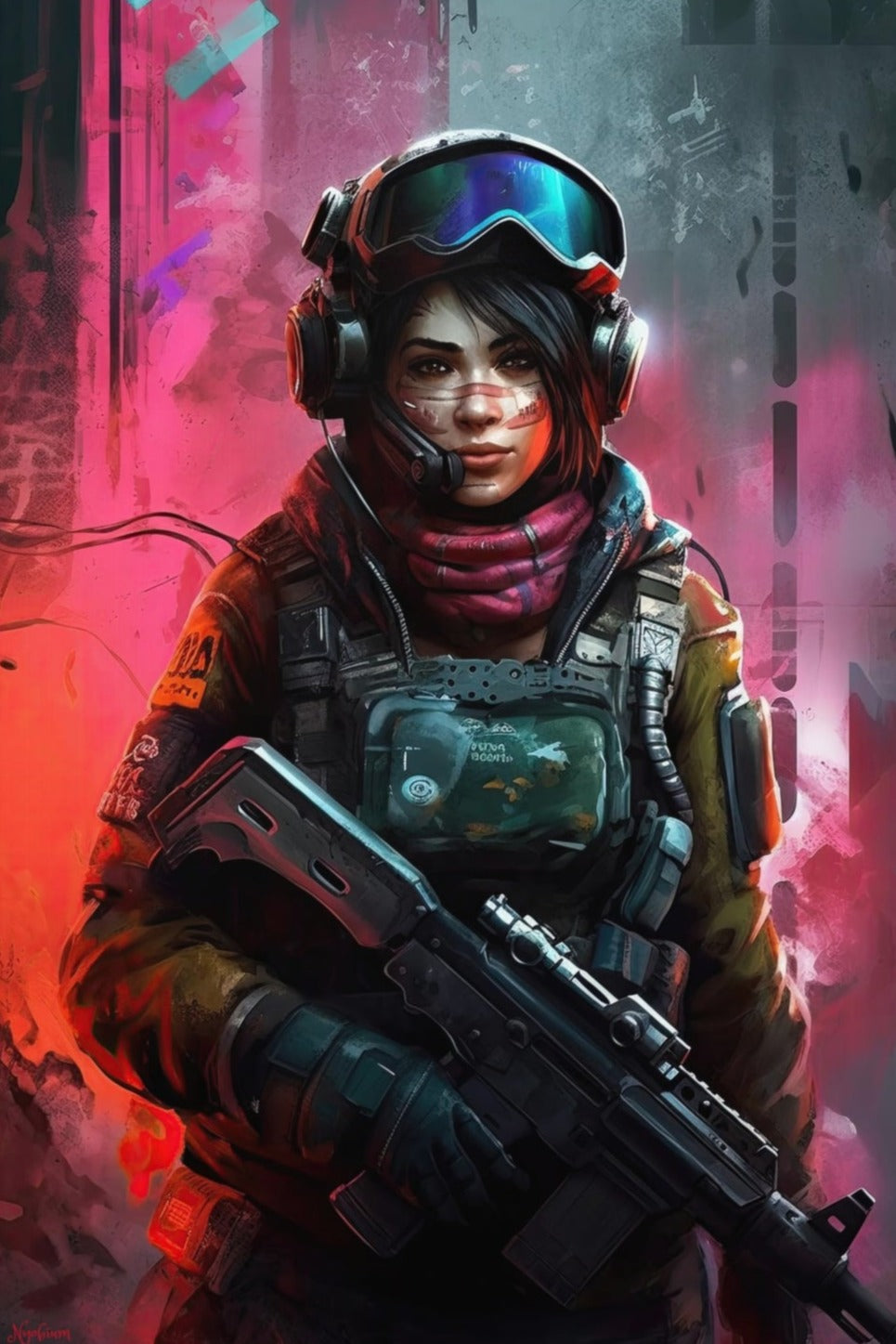 Mask Commando Girl 5 - Cyberpunk Dystopic Series Poster - Portrait - 12x18, 20x30, 24x36 - Museum Grade Matte Paper - by Nyobium