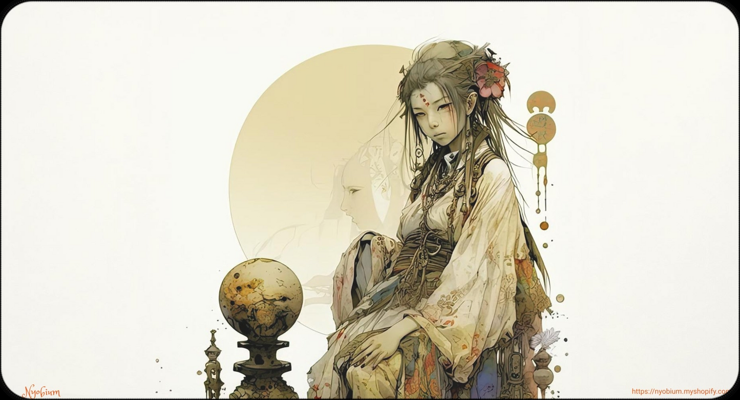 a painting of a woman sitting on top of a table