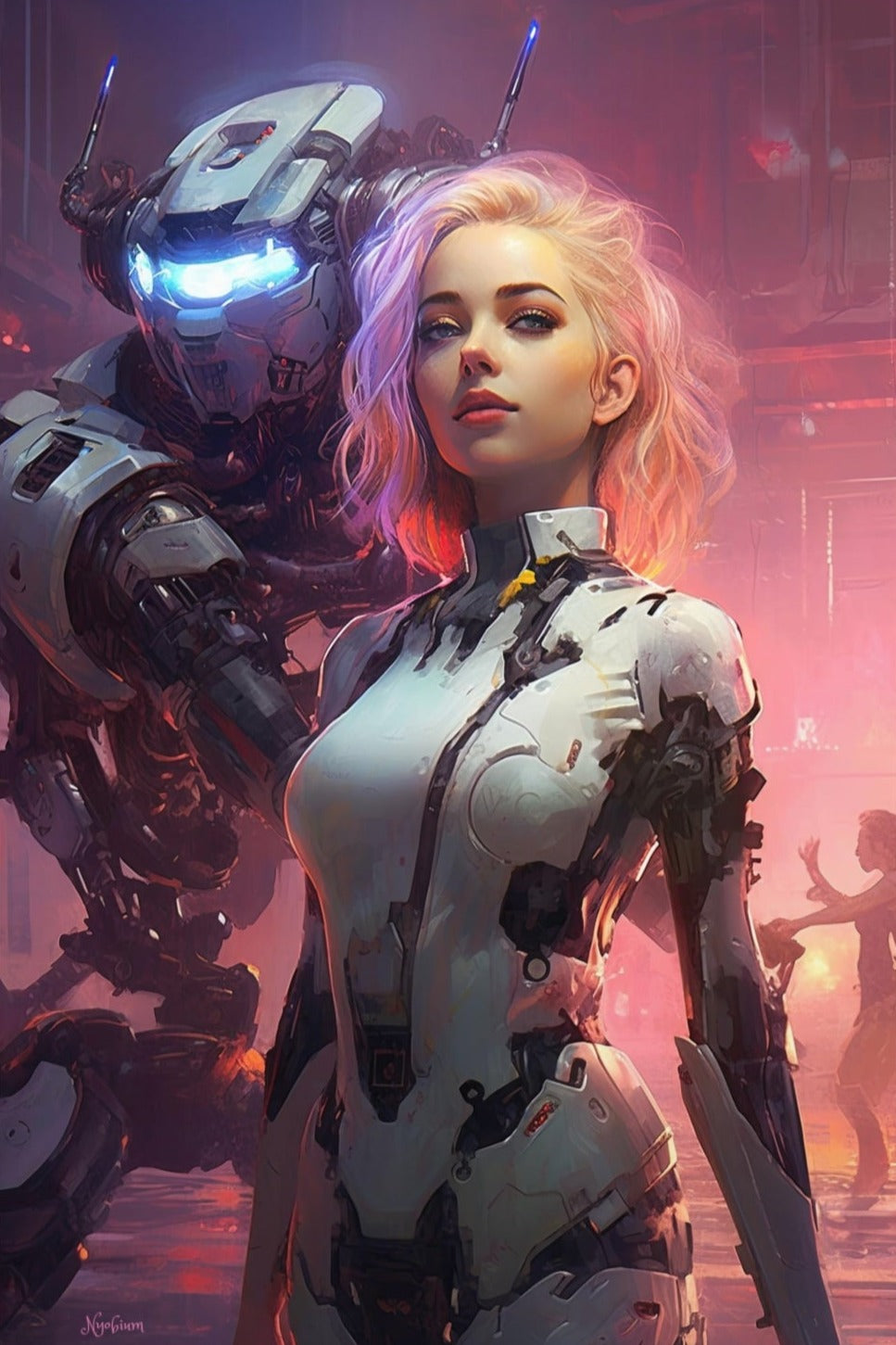 Robot and Girl 3 - Robot and Girls Sci-fi Series Poster - Portrait - 12x18, 20x30, 24x36 - Museum Grade Matte Paper - by Nyobium