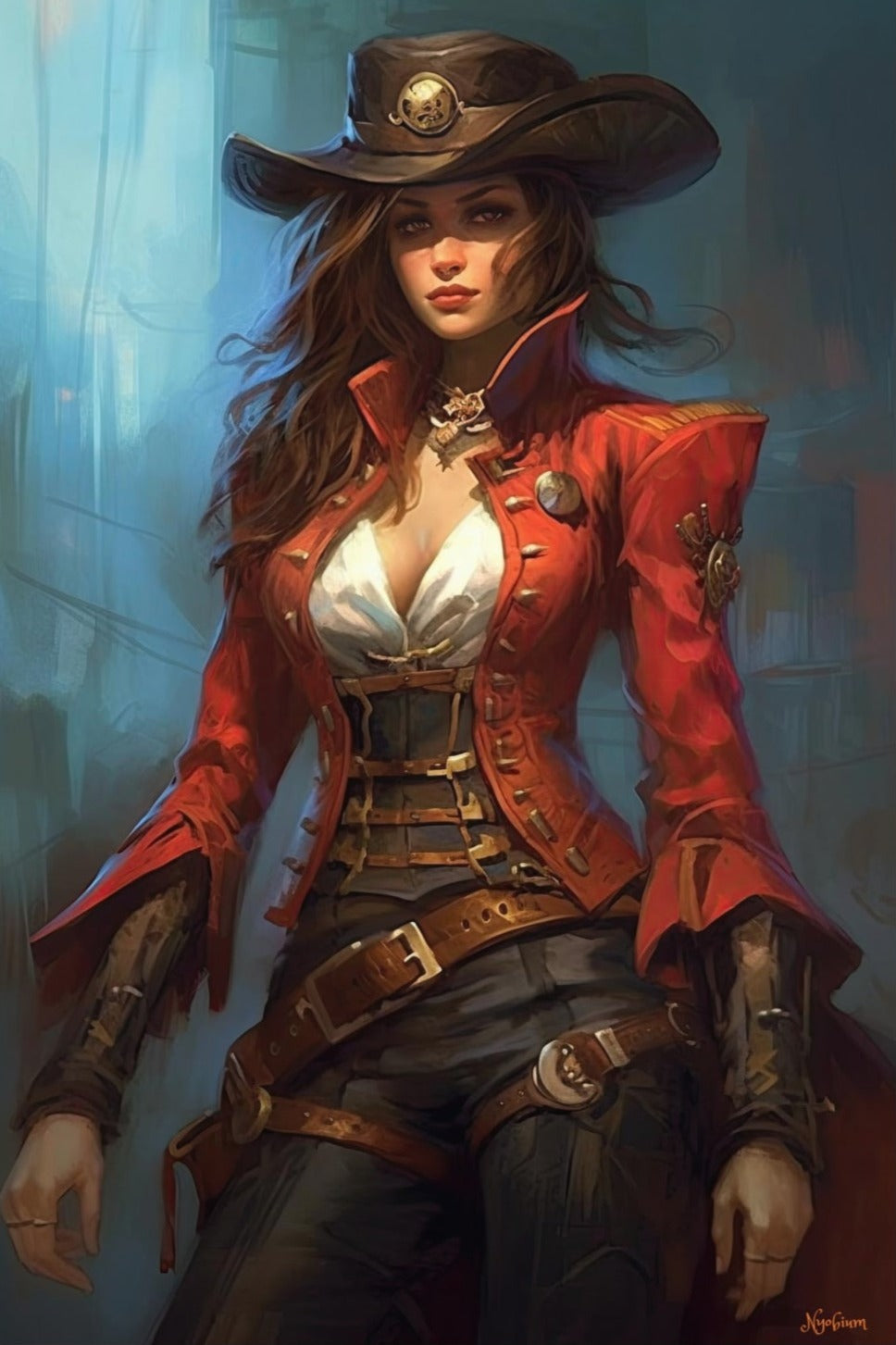 Steampunk Gunslinger Woman 20 - Steampunk Poster - Portrait - 12x18, 20x30, 24x36 - Museum Grade Matte Paper - by Nyobium
