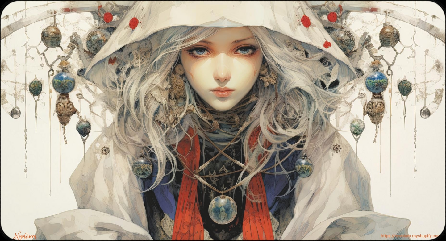 a woman with long white hair wearing a white hat