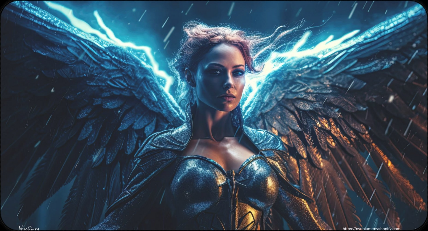 a woman dressed in a metallic outfit with wings