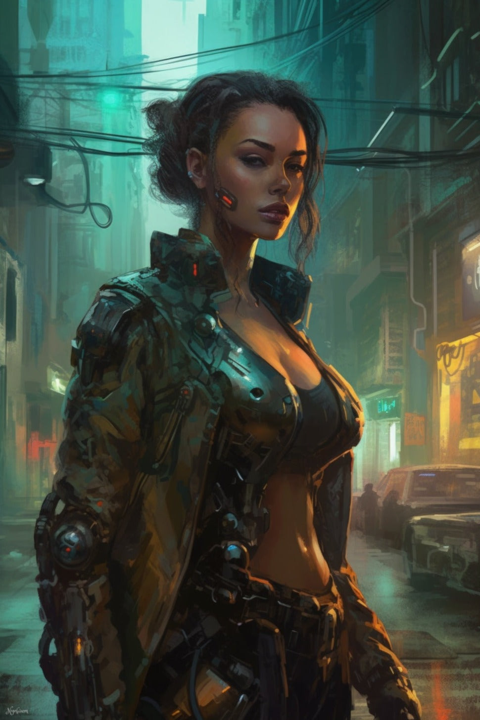 Cyborg Blonde Girl in New Tokyo 7- Cyberpunk Scifi Poster - Portrait - 12x18, 20x30, 24x36 - Museum Grade Matte Paper - by Nyobium