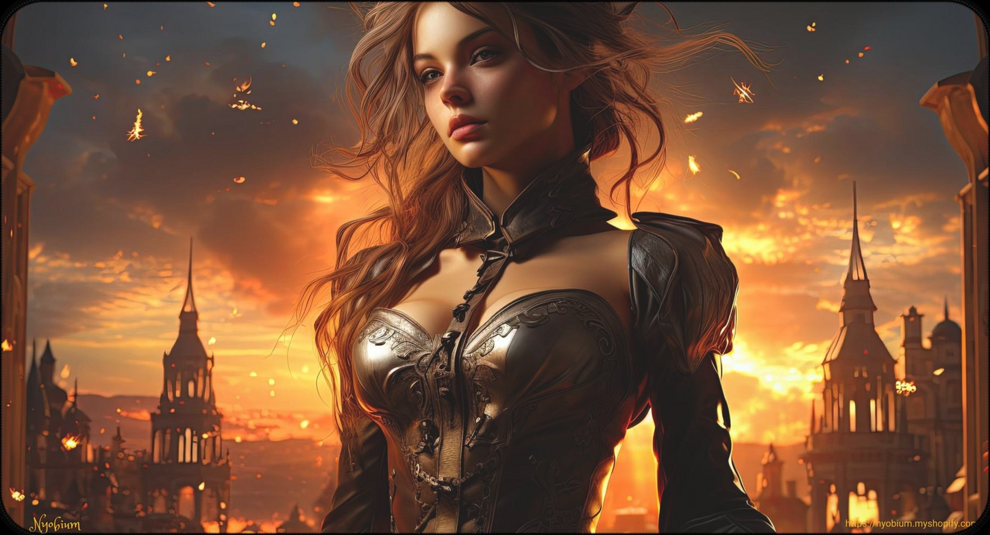 a woman in a leather outfit standing in front of a city