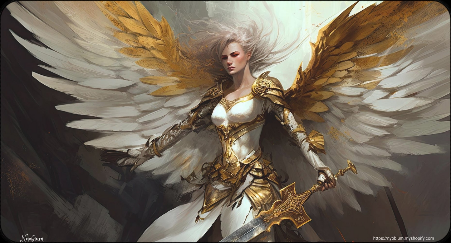 a painting of a woman with wings holding a sword
