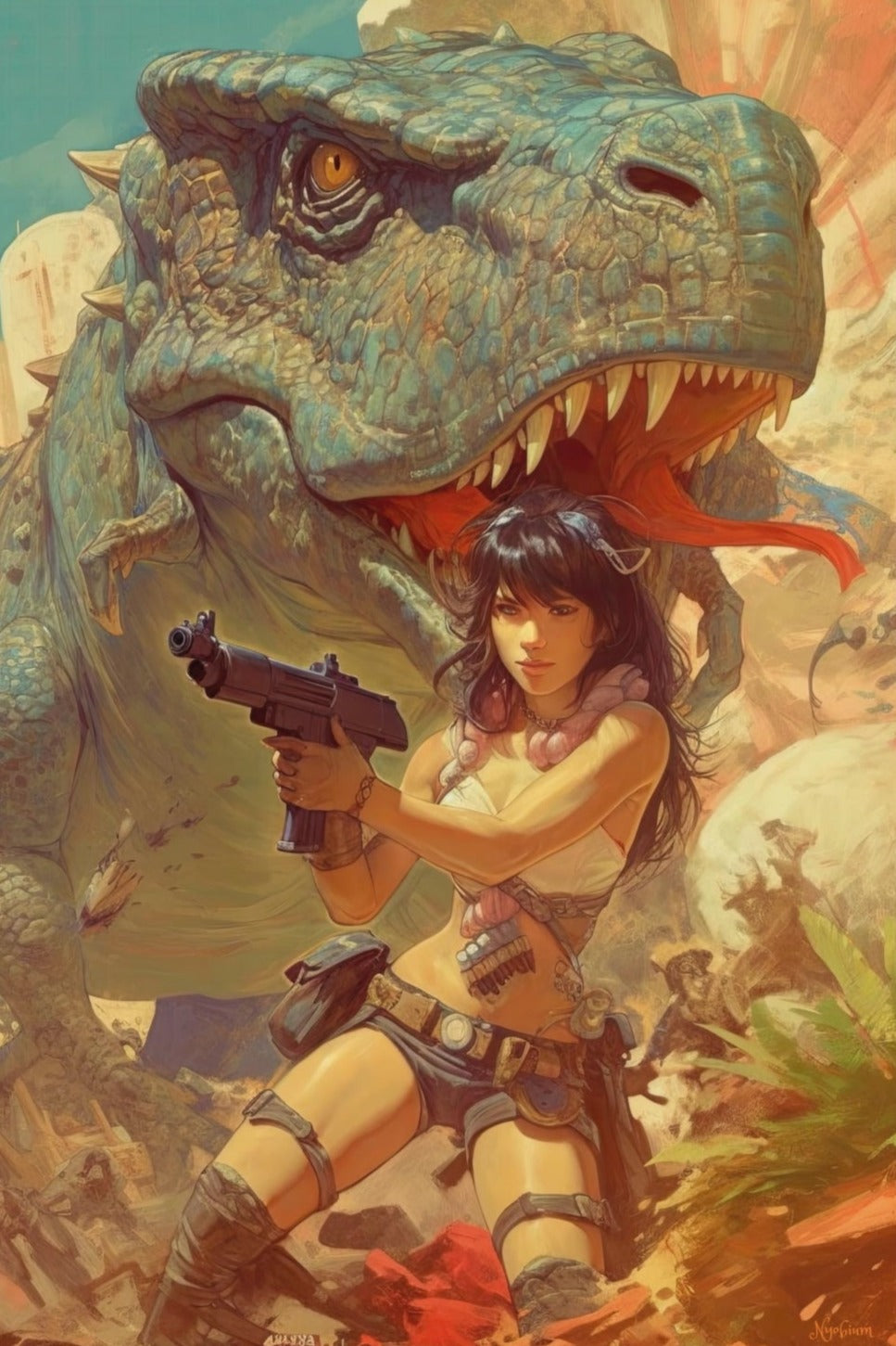 Dinogirl 1 - Cyberpunk Dystopic Series Poster - Portrait - 12x18, 20x30, 24x36 - Museum Grade Matte Paper - by Nyobium