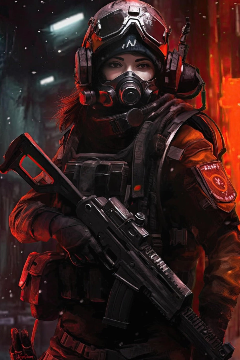 Mask Commando Girl 4 - Cyberpunk Dystopic Series Poster - Portrait - 12x18, 20x30, 24x36 - Museum Grade Matte Paper - by Nyobium