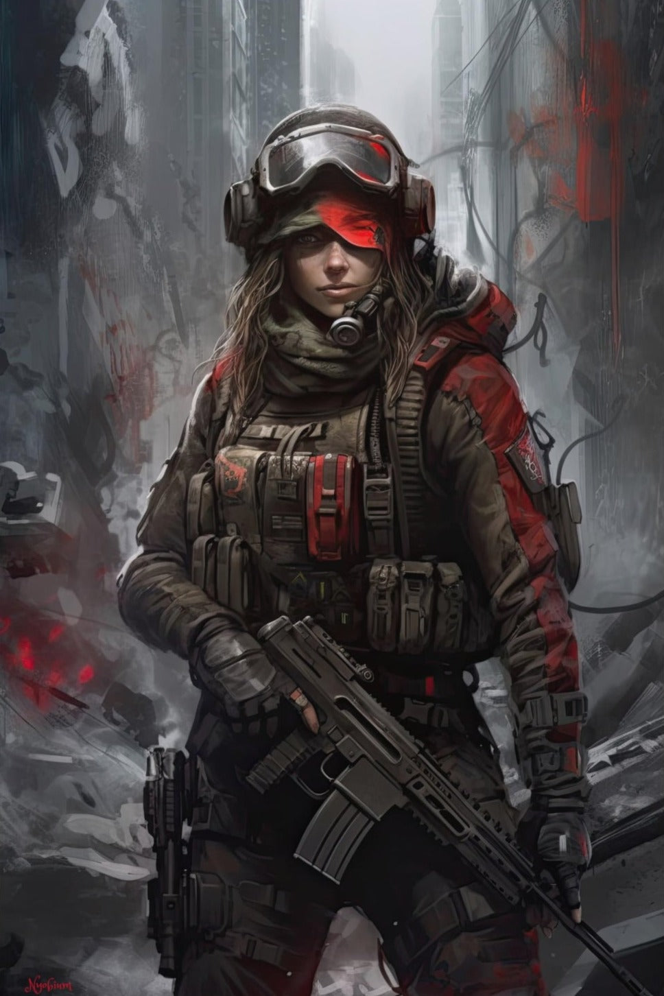 Mask Commando Girl 3 - Cyberpunk Dystopic Series Poster - Portrait - 12x18, 20x30, 24x36 - Museum Grade Matte Paper - by Nyobium