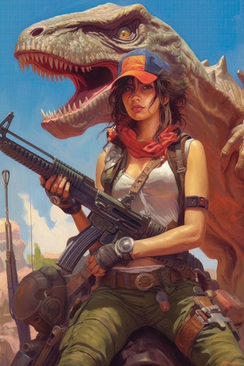 Dinogirl 2 - Cyberpunk Dystopic Series Poster - Portrait - 12x18, 20x30, 24x36 - Museum Grade Matte Paper - by Nyobium