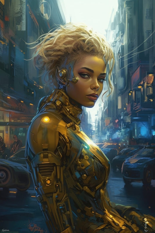 Cyborg Blonde Girl in New Tokyo 6- Cyberpunk Scifi Poster - Portrait - 12x18, 20x30, 24x36 - Museum Grade Matte Paper - by Nyobium