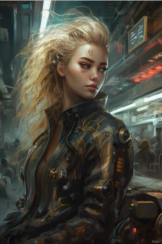 Cyborg Blonde Girl in New Tokyo 14- Cyberpunk Scifi Poster - Portrait - 12x18, 20x30, 24x36 - Museum Grade Matte Paper - by Nyobium