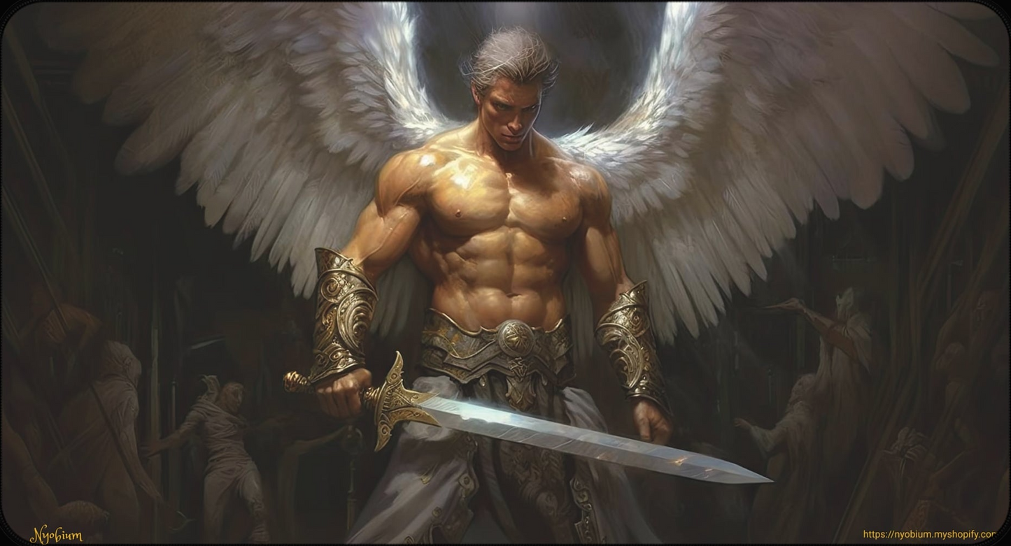 a painting of an angel holding a sword