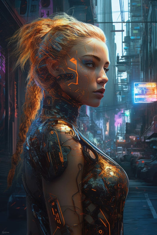 Cyborg Blonde Girl in New Tokyo - Cyberpunk Scifi Poster - Portrait - 12x18, 20x30, 24x36 - Museum Grade Matte Paper - by Nyobium