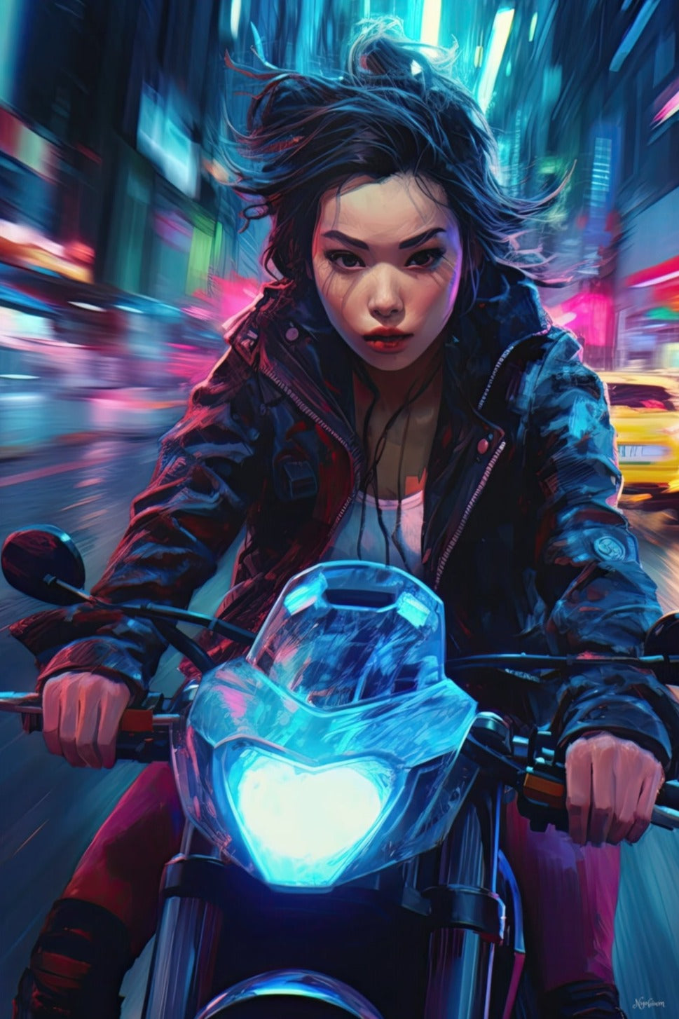 Biker Girls in New Tokyo 11 - Cyberpunk Scifi Poster - Portrait - 12x18, 20x30, 24x36 - Museum Grade Matte Paper - by Nyobium