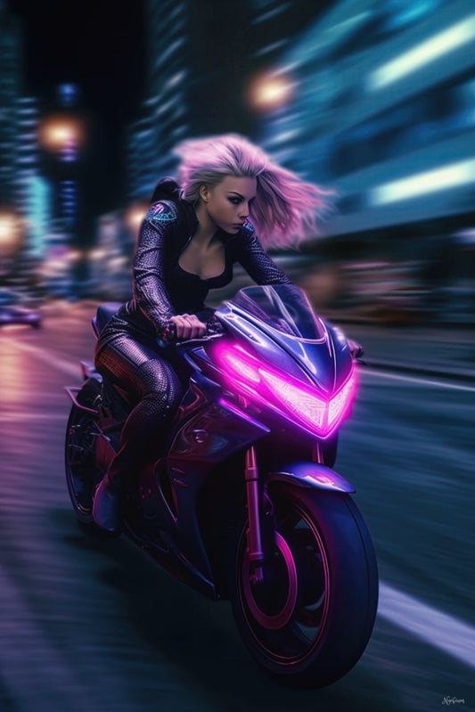 Biker Girls in New Tokyo 10 - Cyberpunk Scifi Poster - Portrait - 12x18, 20x30, 24x36 - Museum Grade Matte Paper - by Nyobium