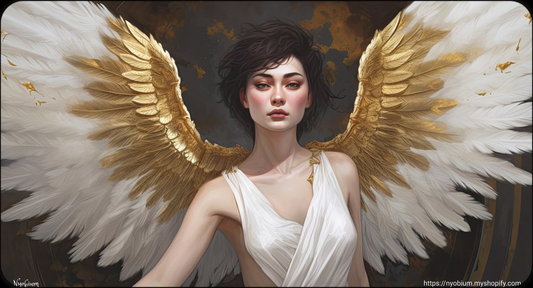 a painting of a woman with large white and gold wings