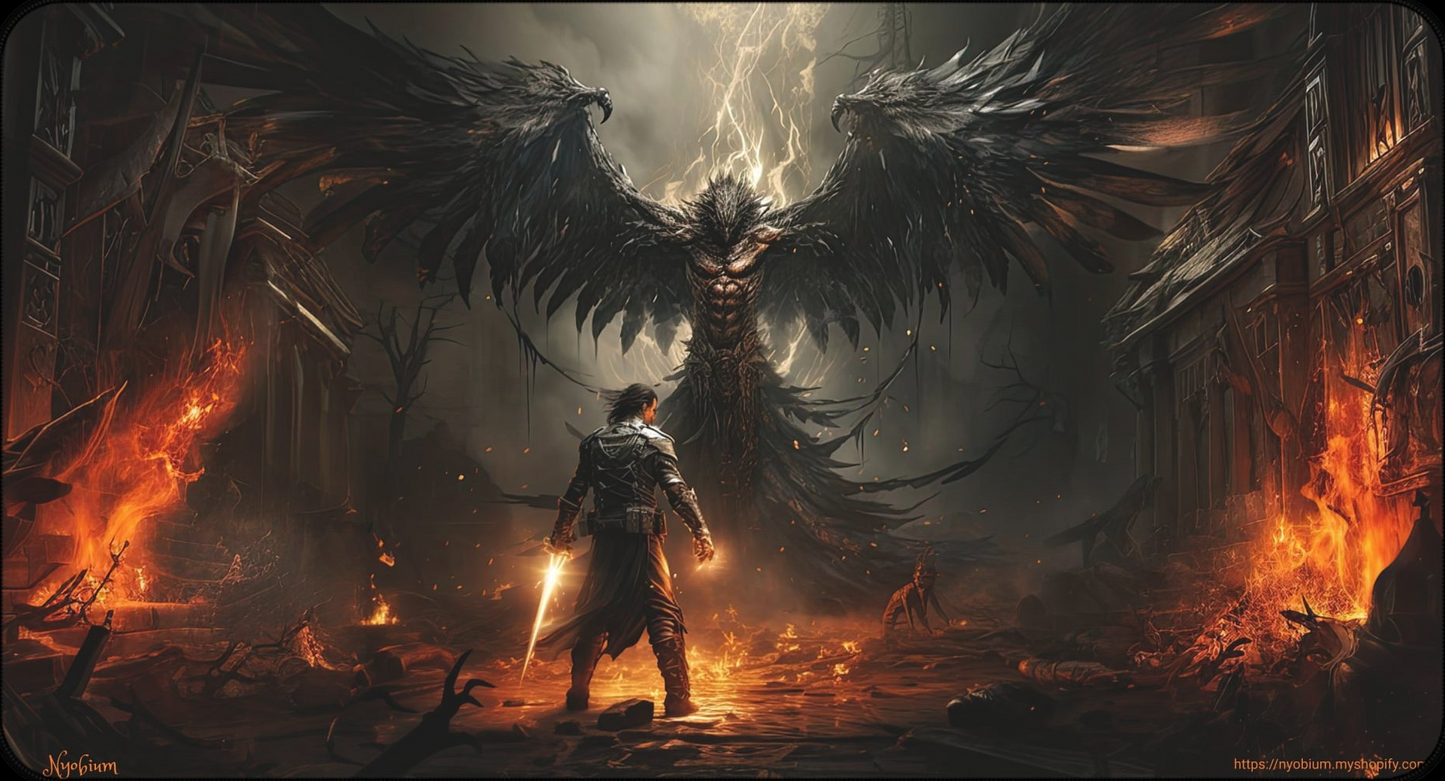 a man standing in front of a demonic demon