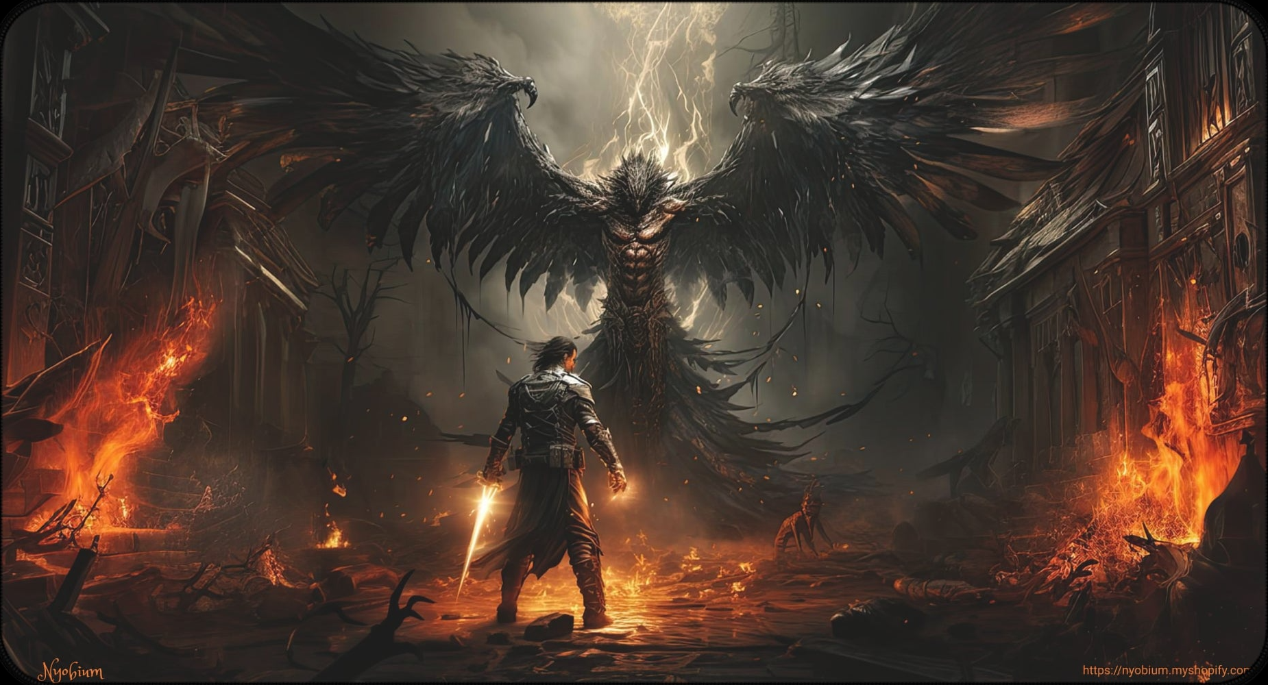 a man standing in front of a demonic demon