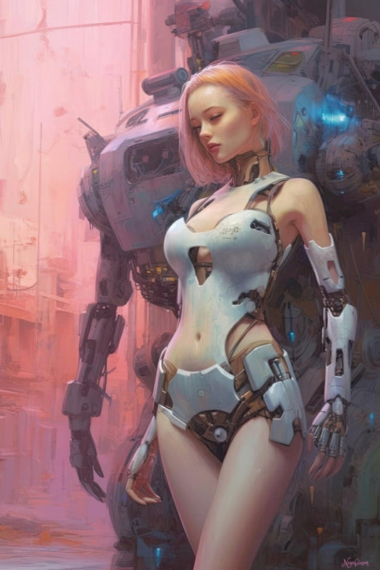 Robot and Girl 2 -  Robot and Girls Sci-fi Series Poster - Portrait - 12x18, 20x30, 24x36 - Museum Grade Matte Paper - by Nyobium