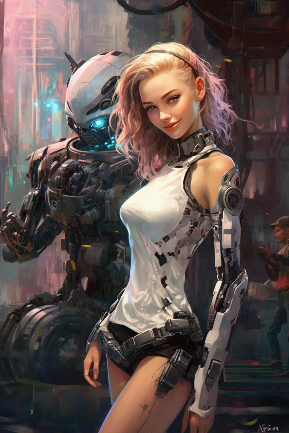 Robot and Girl 8 -  Robot and Girls Sci-fi Series Poster - Portrait - 12x18, 20x30, 24x36 - Museum Grade Matte Paper - by Nyobium