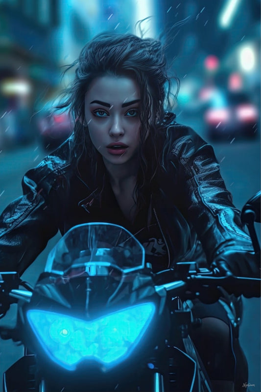 Biker Girls in New Tokyo 9 - Cyberpunk Scifi Poster - Portrait - 12x18, 20x30, 24x36 - Museum Grade Matte Paper - by Nyobium