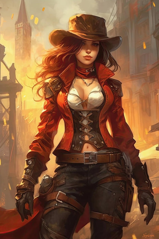 Steampunk Gunslinger Woman 19 -  Steampunk Poster - Portrait - 12x18, 20x30, 24x36 - Museum Grade Matte Paper - by Nyobium