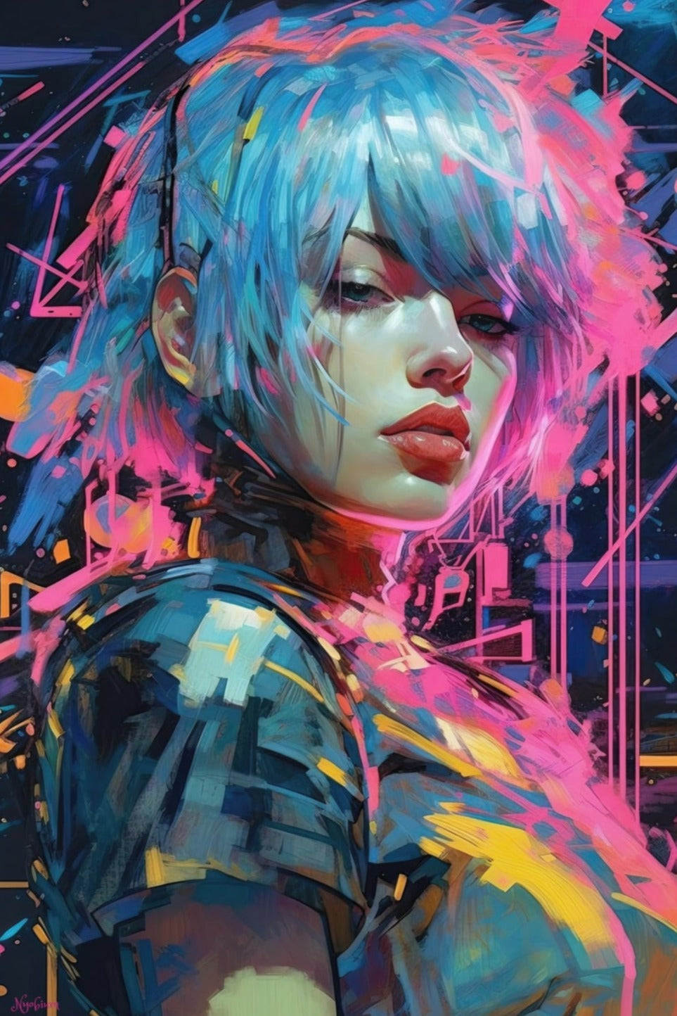 Neon Girl 4 -  Cyberpunk Neon Series Poster - Portrait - 12x18, 20x30, 24x36 - Museum Grade Matte Paper - by Nyobium