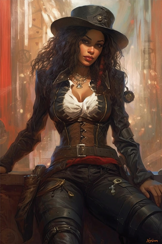 Steampunk Gunslinger Woman 1 -  Steampunk Poster - Portrait - 12x18, 20x30, 24x36 - Museum Grade Matte Paper - by Nyobium