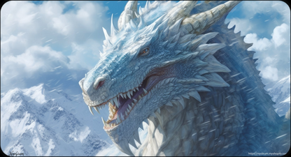 a white dragon with its mouth open in the snow