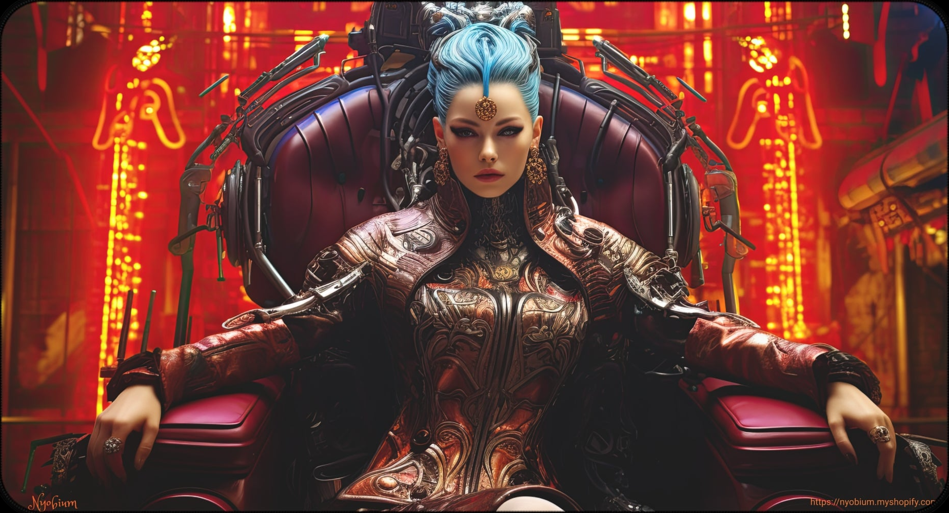 a woman with blue hair sitting in a chair