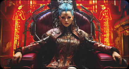 a woman with blue hair sitting in a chair