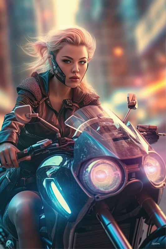 Biker Girls in New Tokyo 3 - Cyberpunk Scifi Poster - Portrait - 12x18, 20x30, 24x36 - Museum Grade Matte Paper - by Nyobium