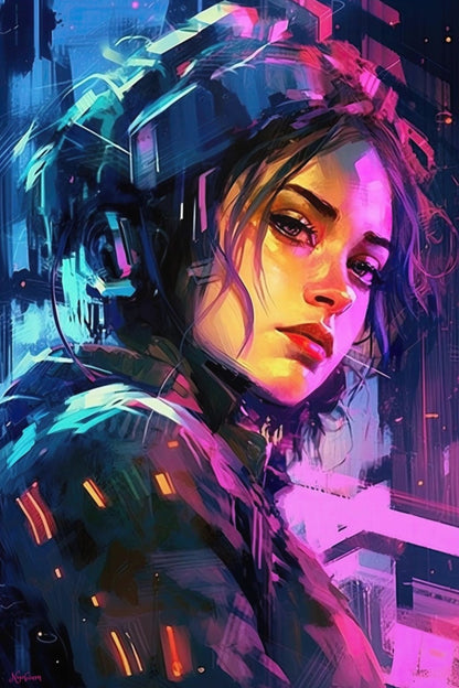 Neon Girl 5 -  Cyberpunk Neon Series Poster - Portrait - 12x18, 20x30, 24x36 - Museum Grade Matte Paper - by Nyobium