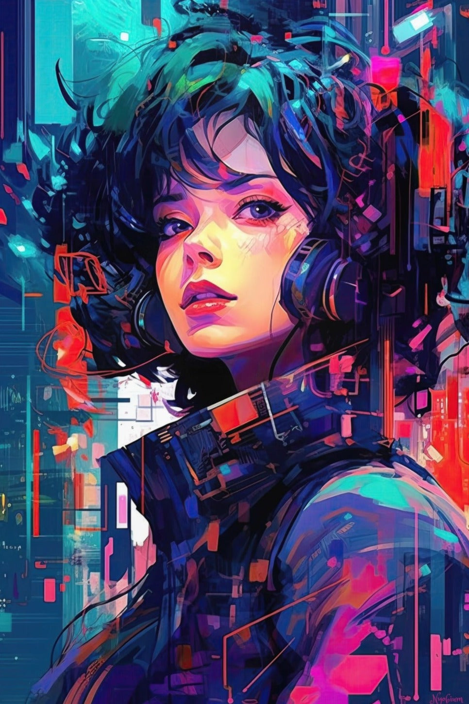 Neon Girl 7 -  Cyberpunk Neon Series Poster - Portrait - 12x18, 20x30, 24x36 - Museum Grade Matte Paper - by Nyobium