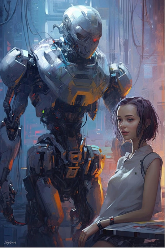 Robot and Girl 4 -  Robot and Girls Sci-fi Series Poster - Portrait - 12x18, 20x30, 24x36 - Museum Grade Matte Paper - by Nyobium