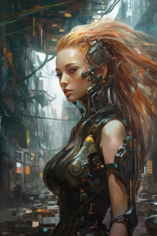 Cyborg Blonde Girl in New Tokyo 2 - Cyberpunk Scifi Poster - Portrait - 12x18, 20x30, 24x36 - Museum Grade Matte Paper - by Nyobium