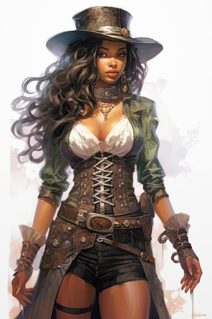 Steampunk Gunslinger Woman 2 -  Steampunk Poster - Portrait - 12x18, 20x30, 24x36 - Museum Grade Matte Paper - by Nyobium