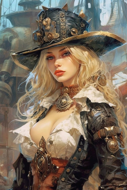 Steampunk Gunslinger Woman 13 -  Steampunk Poster - Portrait - 12x18, 20x30, 24x36 - Museum Grade Matte Paper - by Nyobium