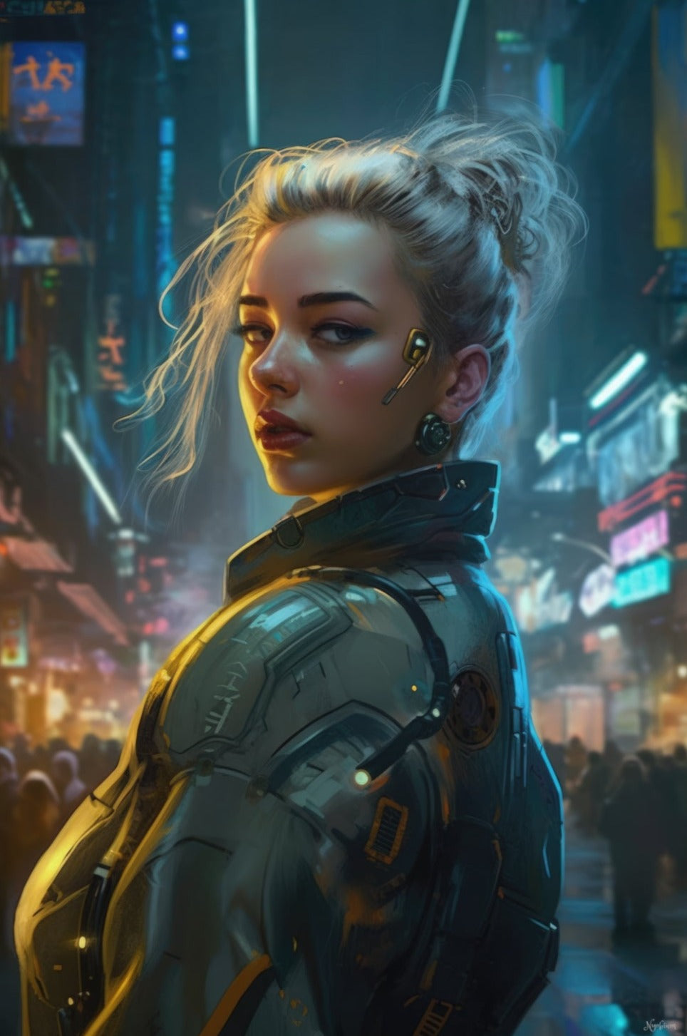 Cyborg Blonde Girl in New Tokyo 10- Cyberpunk Scifi Poster - Portrait - 12x18, 20x30, 24x36 - Museum Grade Matte Paper - by Nyobium