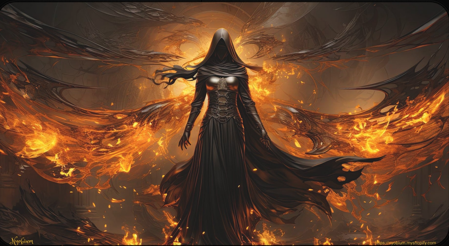 a woman in a black dress with flames around her