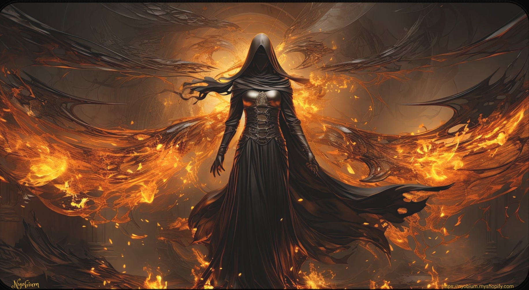 a woman in a black dress with flames around her