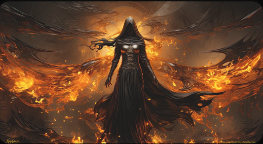 a woman in a black dress with flames around her