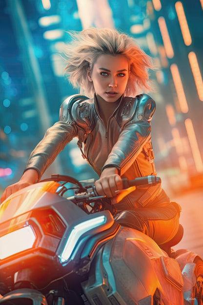 Biker Girls in New Tokyo 5 - Cyberpunk Scifi Poster - Portrait - 12x18, 20x30, 24x36 - Museum Grade Matte Paper - by Nyobium