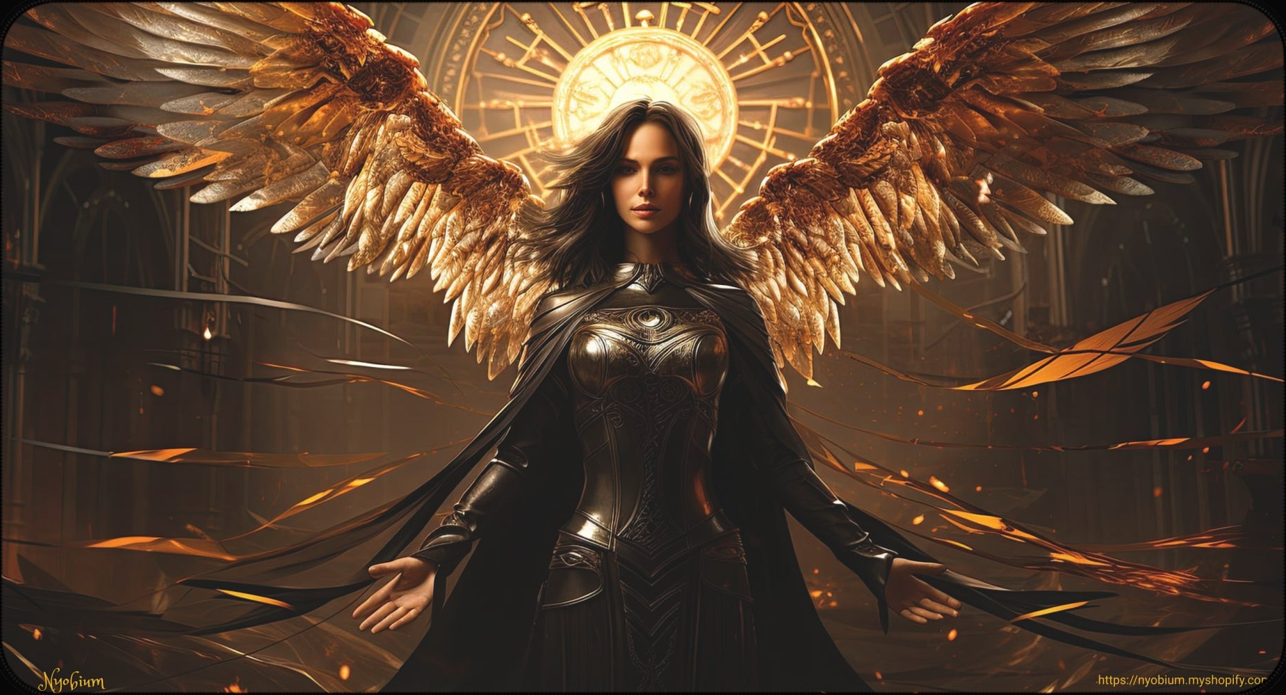 a woman with wings standing in front of a sun