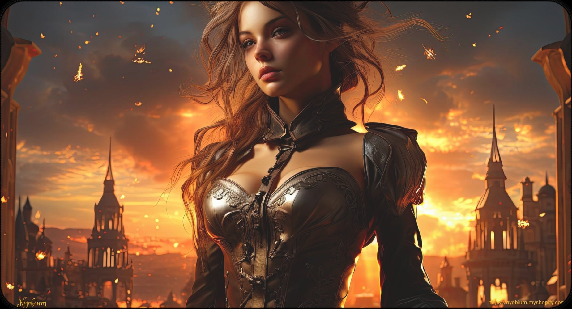 a woman in a leather outfit standing in front of a city