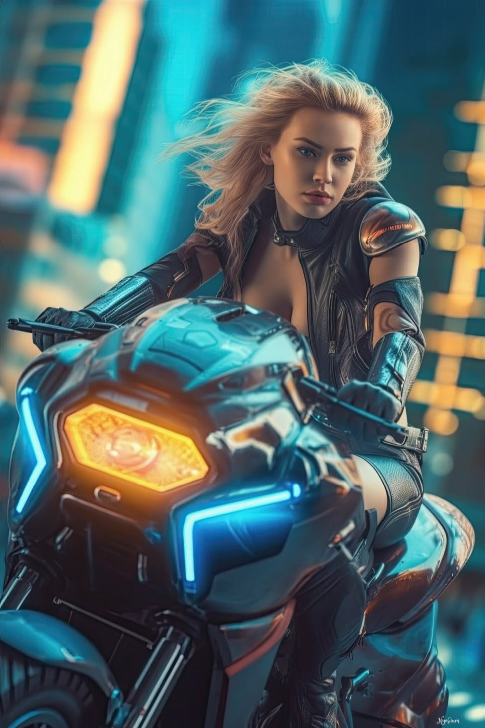 Biker Girls in New Tokyo 8 - Cyberpunk Scifi Poster - Portrait - 12x18, 20x30, 24x36 - Museum Grade Matte Paper - by Nyobium