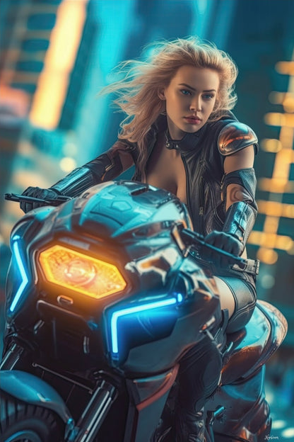 Biker Girls in New Tokyo 8 - Cyberpunk Scifi Poster - Portrait - 12x18, 20x30, 24x36 - Museum Grade Matte Paper - by Nyobium