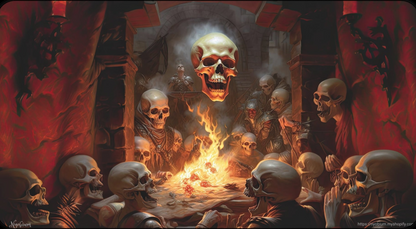 a group of skeletons sitting around a fire pit