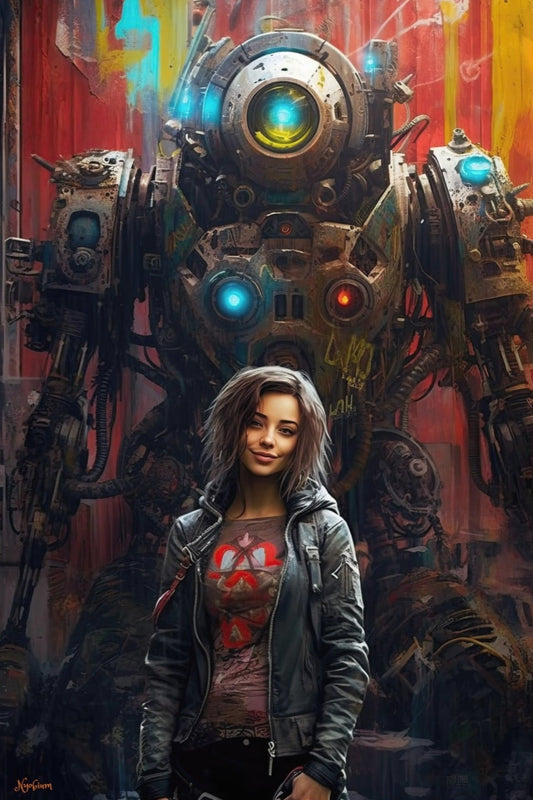 Robot and Girl 5 -  Robot and Girls Sci-fi Series Poster - Portrait - 12x18, 20x30, 24x36 - Museum Grade Matte Paper - by Nyobium